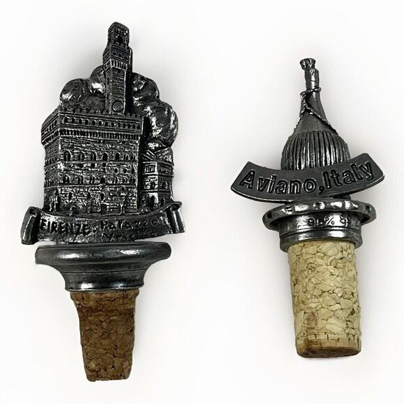 Unbranded Other - VTG Set of Two Pewter Italian Souvenir Cork Wine Bottle Stoppers Palazzo Aviano